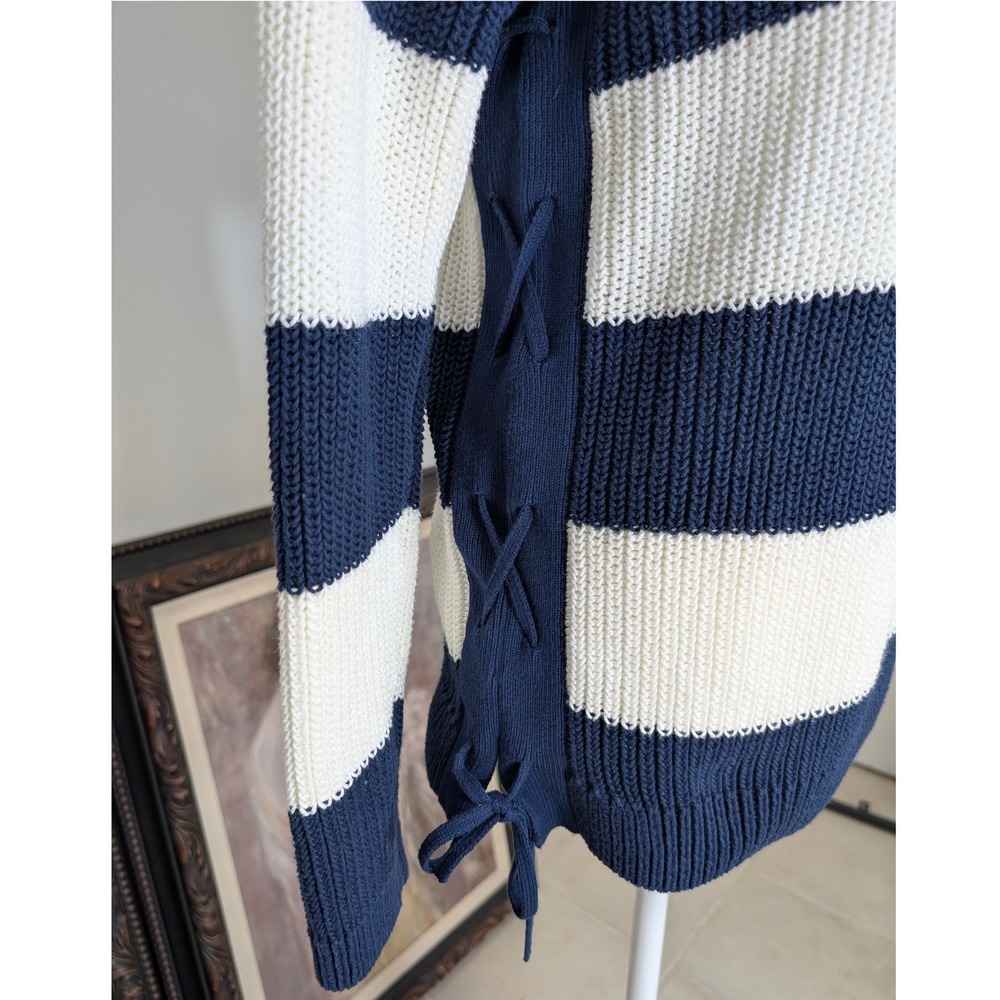 Talbots Striped Nautical Coastal Vibe Knit Sweater Lace Up Side Navy Cream‎ M - Picture 4 of 11